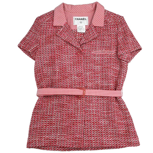Chanel 2002 Short Sleeve Tweed Belt Jacket Red #34