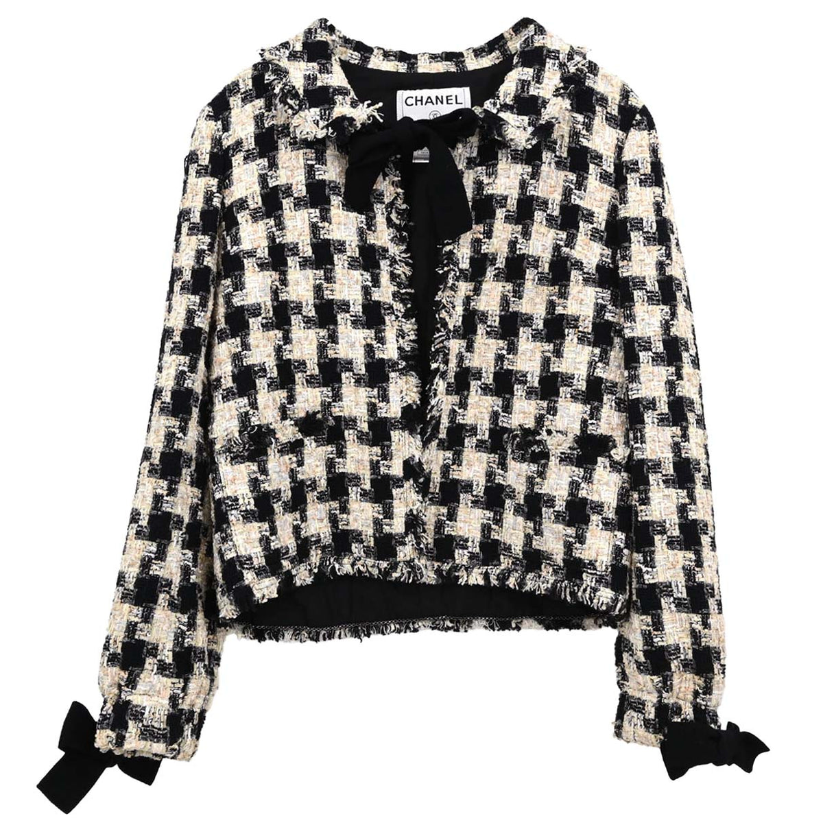 Chanel 2004 Collarless Houndstooth Bow Jacket Tweed Black #38