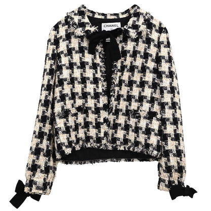 Chanel 2004 Collarless Houndstooth Bow Jacket Tweed Black #38