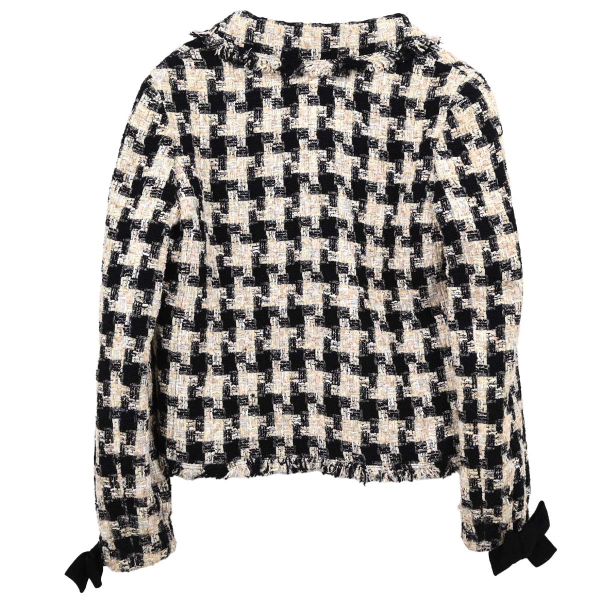 Chanel 2004 Collarless Houndstooth Bow Jacket Tweed Black #38