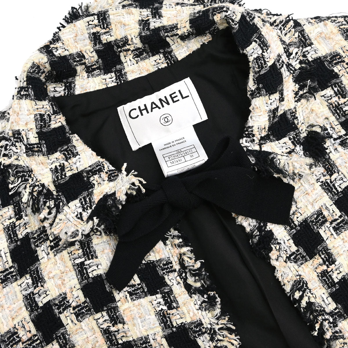 Chanel 2004 Collarless Houndstooth Bow Jacket Tweed Black #38