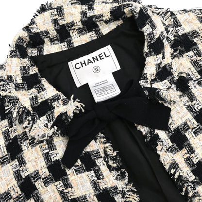 Chanel 2004 Collarless Houndstooth Bow Jacket Tweed Black #38