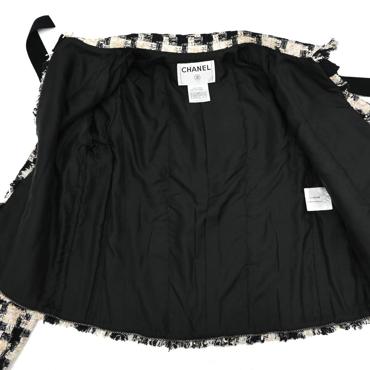Chanel 2004 Collarless Houndstooth Bow Jacket Tweed Black #38