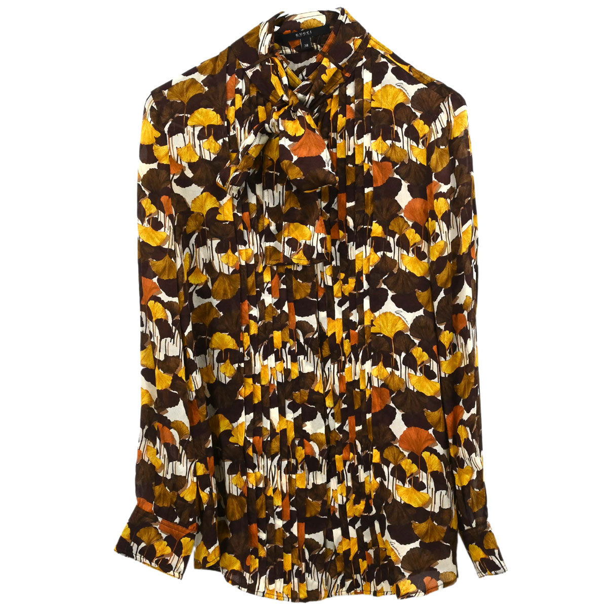 Gucci 2007 Tie-Neck Blouse Top Ginkgo Leaf Print Brown #38