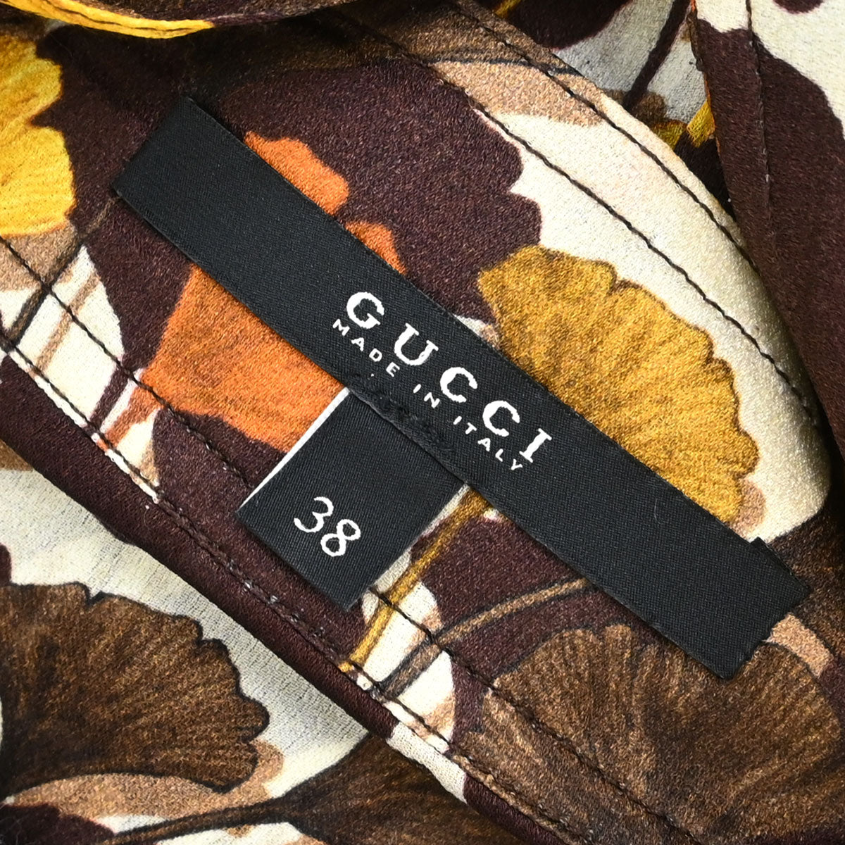 Gucci 2007 Tie-Neck Blouse Top Ginkgo Leaf Print Brown #38