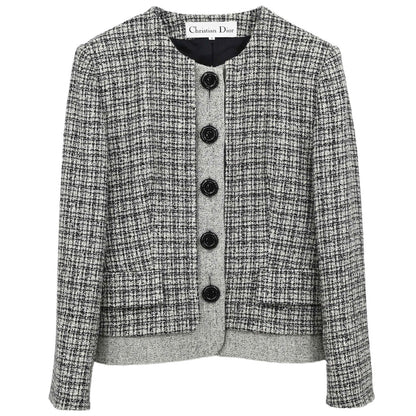 Christian Dior Collarless Tweed Jacket Gray #M