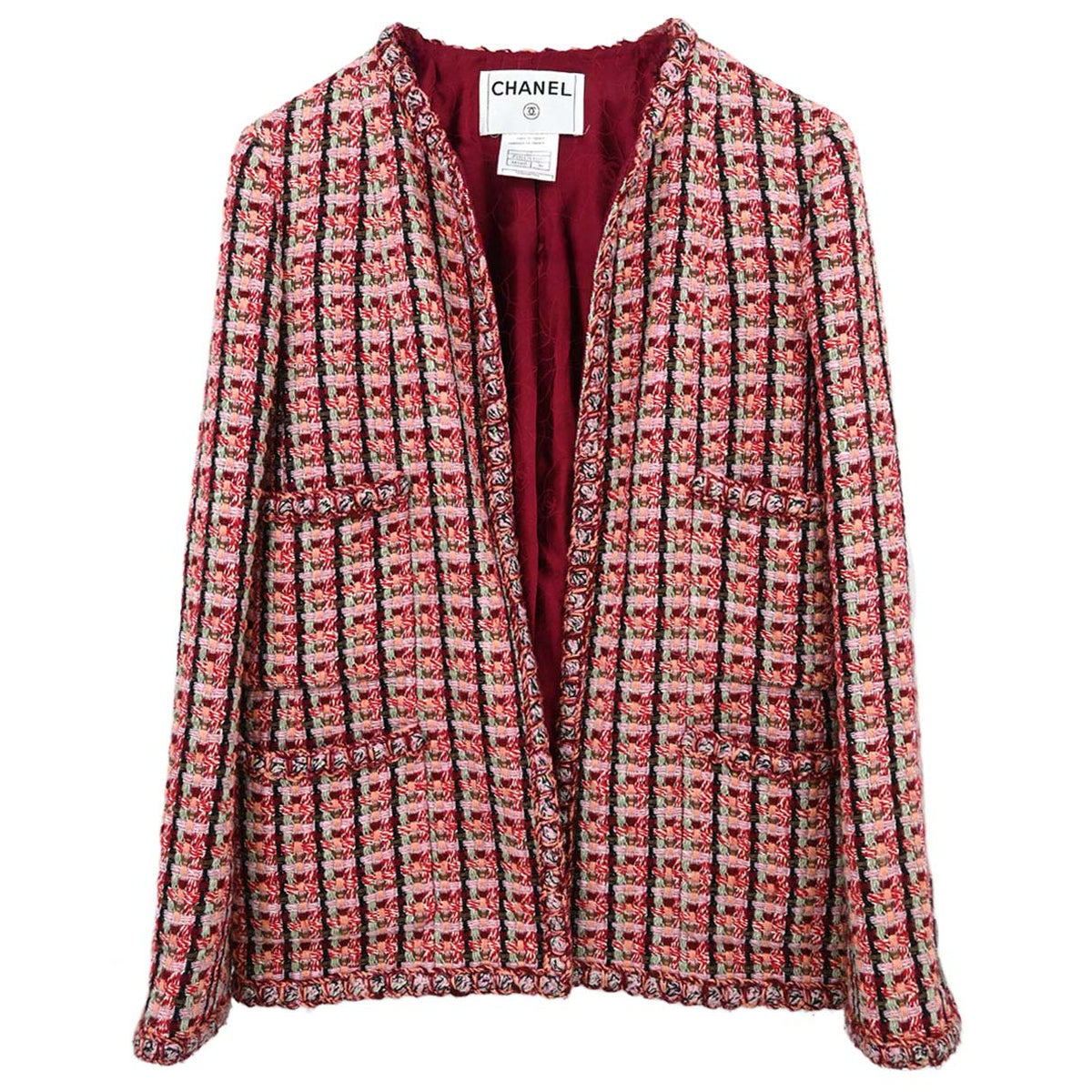 Chanel 2002 Tweed Multicolor Collarless Jacket Red #36