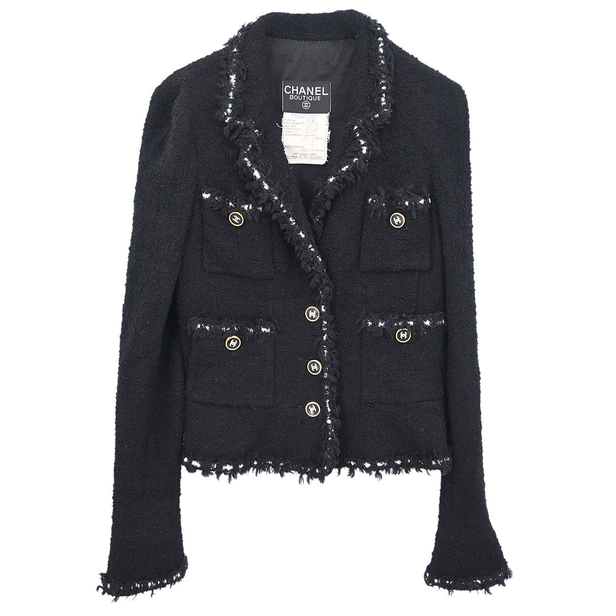 Chanel 1994 Single Breasted Jacket Tweed Black #38