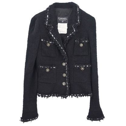Chanel 1994 Single Breasted Jacket Tweed Black #38