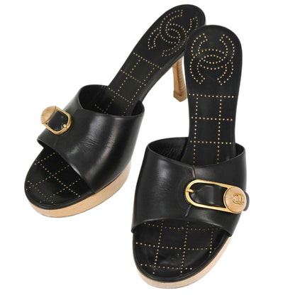 Chanel * CC Black Wood Leather Mules Shoes #39 1/2
