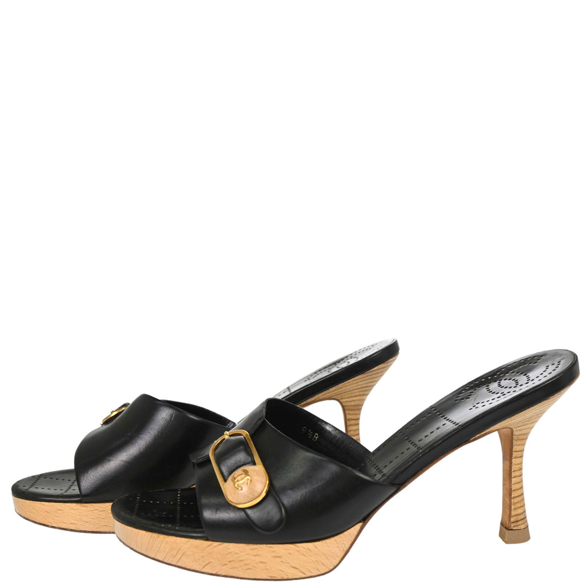 Chanel * CC Black Wood Leather Mules Shoes #39 1/2