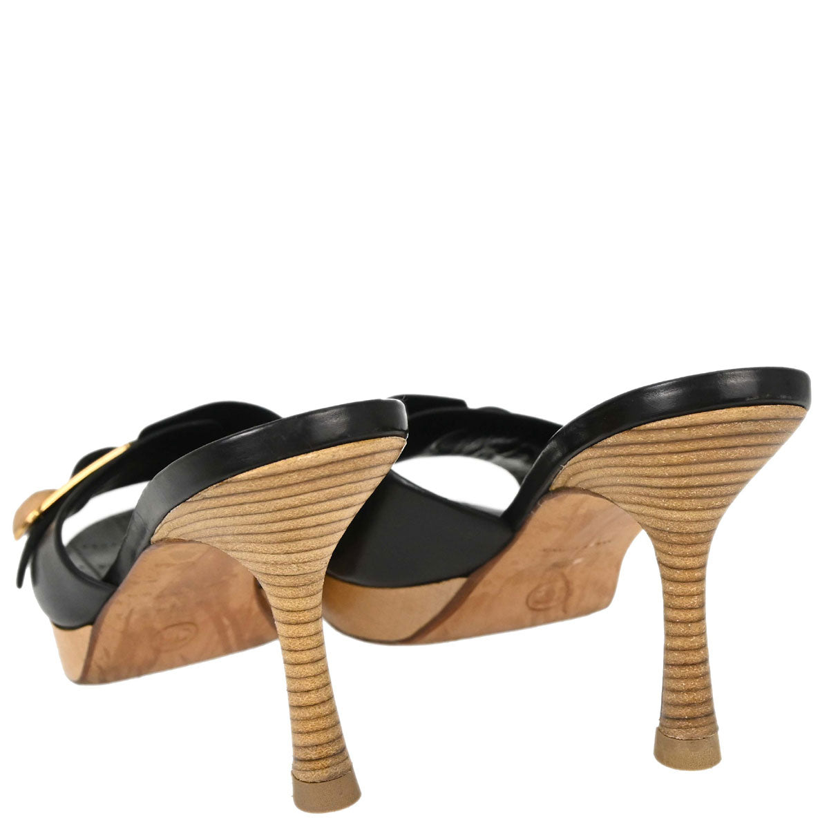 Chanel * CC Black Wood Leather Mules Shoes #39 1/2