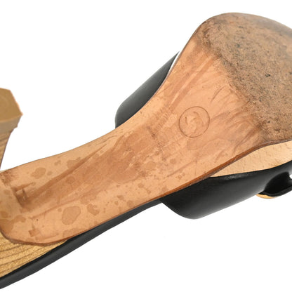 Chanel * CC Black Wood Leather Mules Shoes #39 1/2