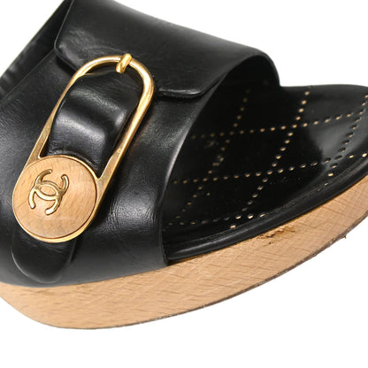 Chanel * CC Black Wood Leather Mules Shoes #39 1/2