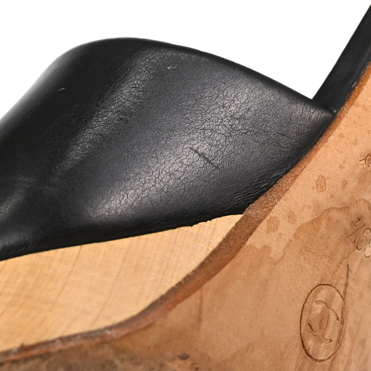 Chanel * CC Black Wood Leather Mules Shoes #39 1/2