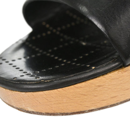 Chanel * CC Black Wood Leather Mules Shoes #39 1/2
