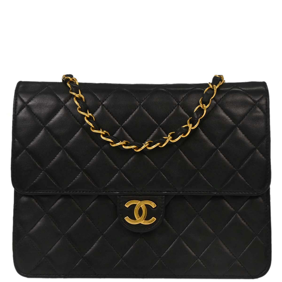 Chanel 1996-1997 Black Lambskin Pushlock Small Half Flap Shoulder Bag