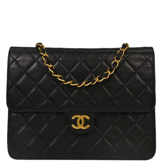 Chanel 1996-1997 Black Lambskin Pushlock Small Half Flap Shoulder Bag