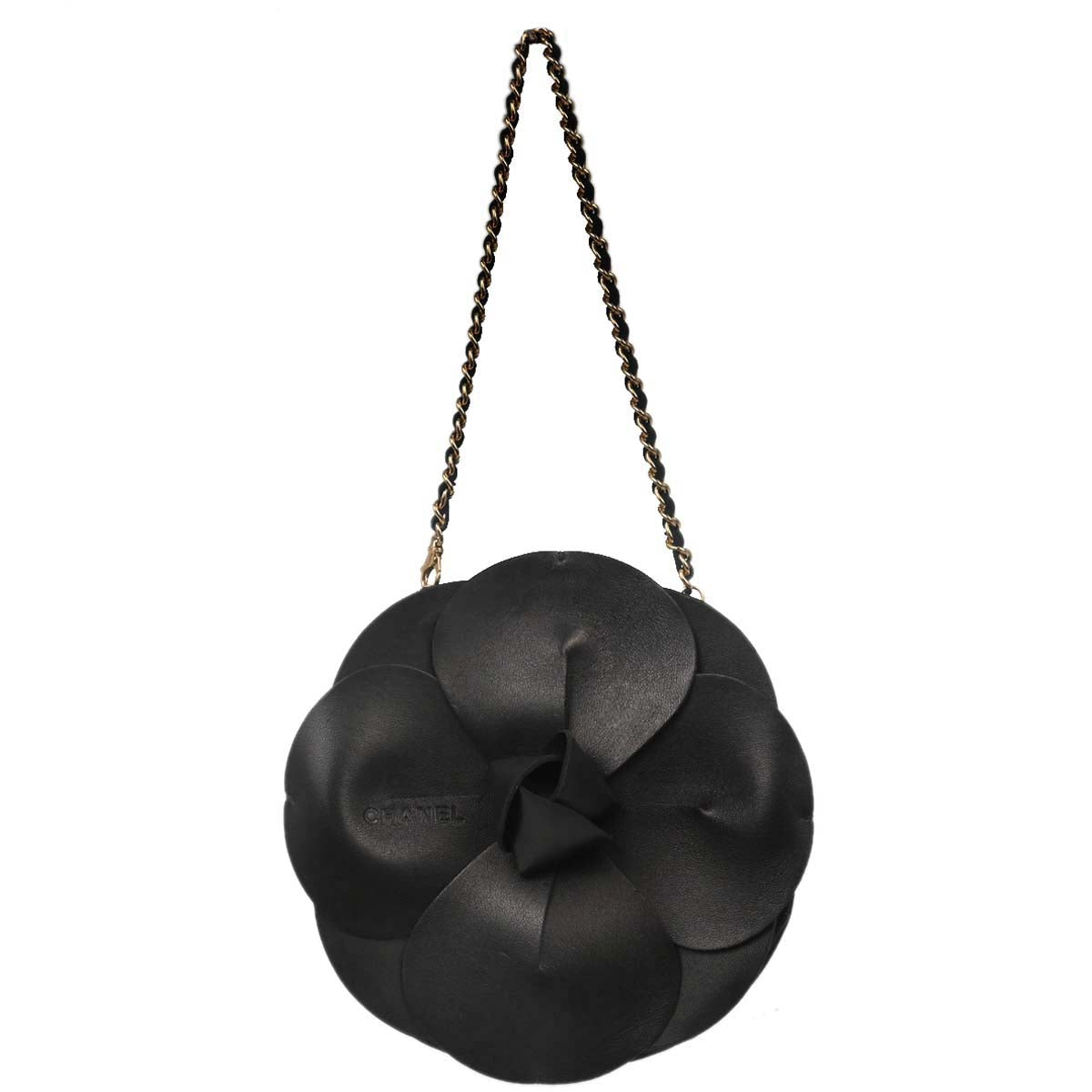 Chanel Black Lambskin Satin Camellia Handbag