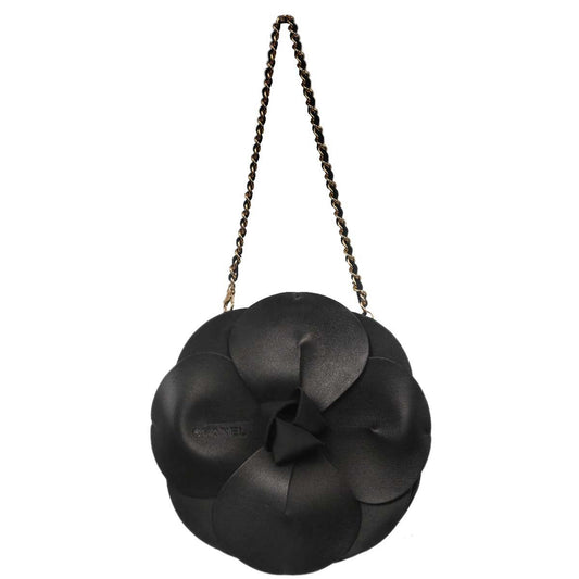 Chanel Black Lambskin Satin Camellia Handbag