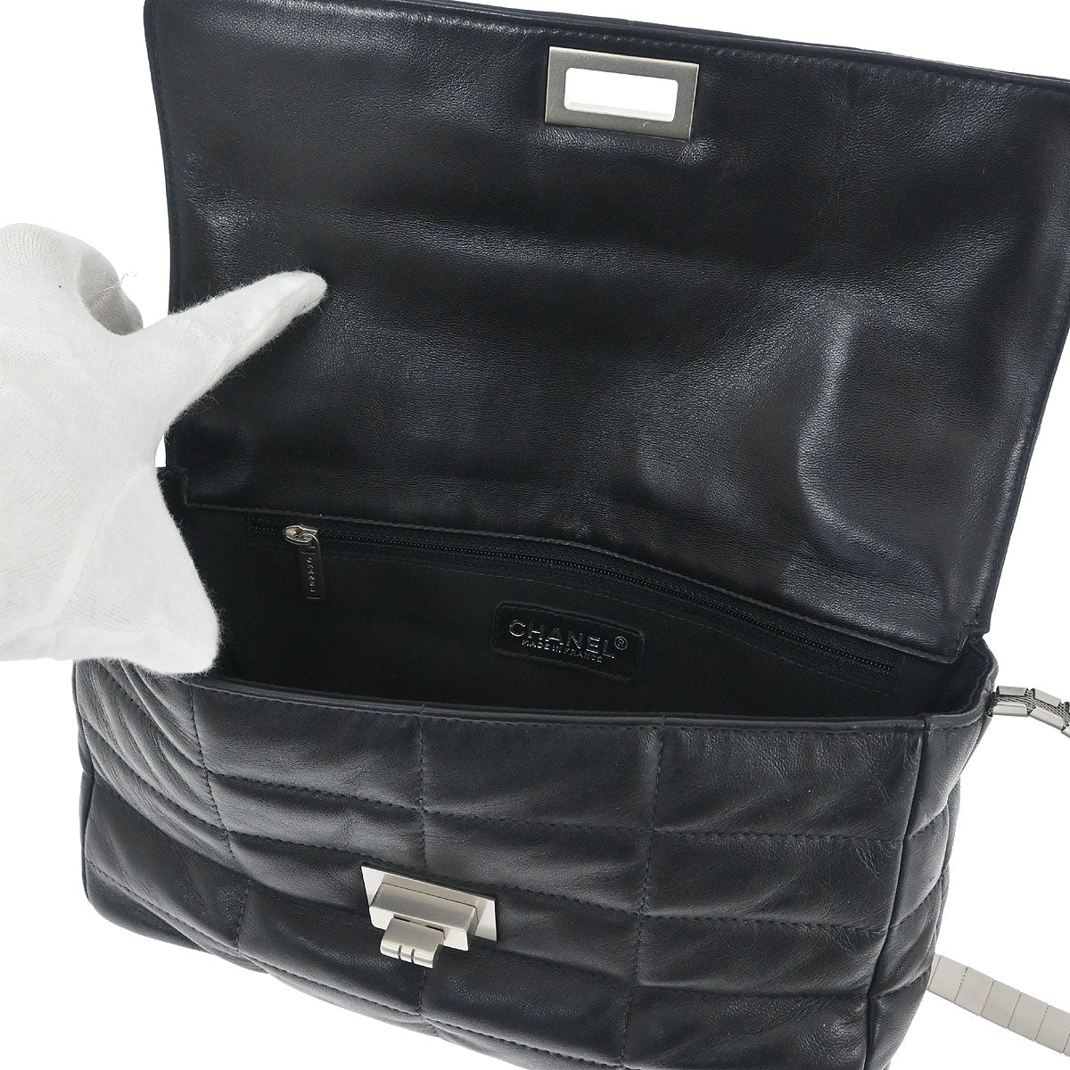 Chanel 1997-1999 Black Lambskin Coco Bar Mademoiselle Lock Shoulder Bag