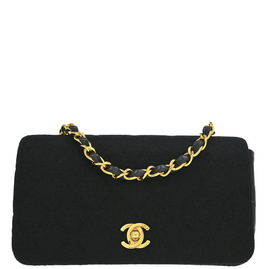 Chanel 1989-1991 Black Cotton Lambskin Turnlock Mini Full Flap Shoulder Bag
