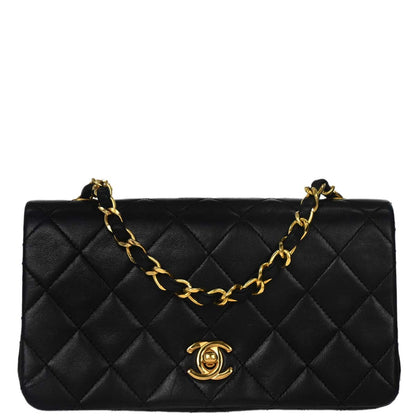Chanel 1989-1991 Black Lambskin Turnlock Mini Full Flap Shoulder Bag
