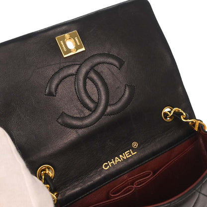 Chanel 1989-1991 Black Lambskin Turnlock Mini Full Flap Shoulder Bag