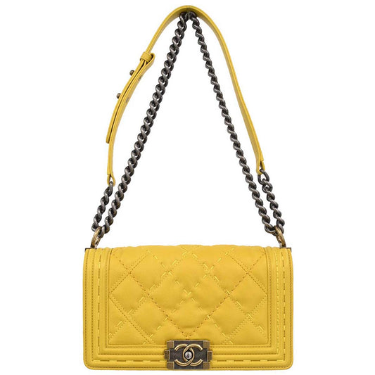 Boy Chanel Yellow Lambskin Medium Chain Shoulder Bag