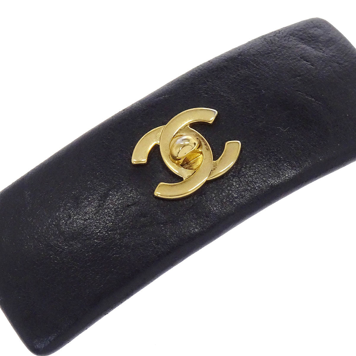 Chanel Hair Clip Barrette Turnlock CC Black Gold Leather Hair Accessories