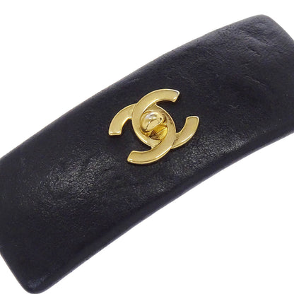 Chanel Hair Clip Barrette Turnlock CC Black Gold Leather Hair Accessories