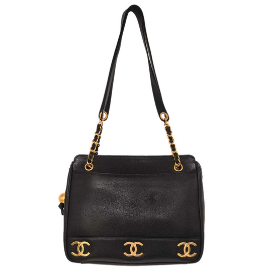 Chanel 1991-1994 Black Caviar Skin Triple CC Shoulder Tote Bag