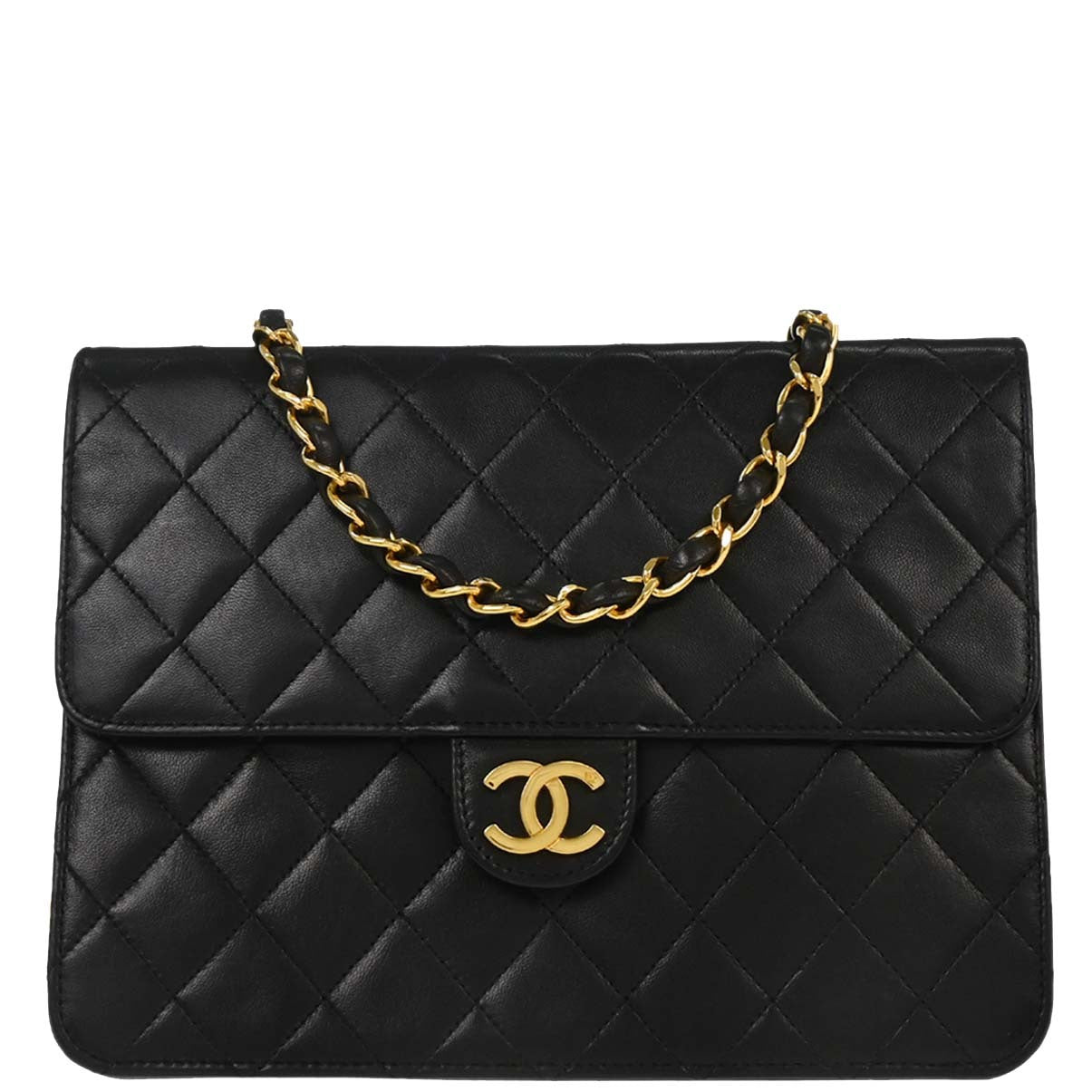 Chanel Black Lambskin Pushlock Small Half Flap Shoulder Bag