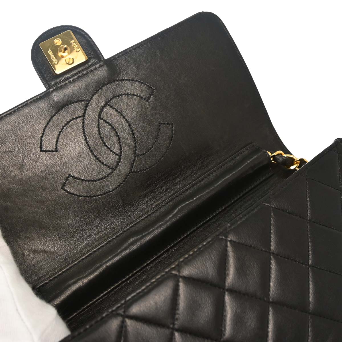 Chanel Black Lambskin Pushlock Small Half Flap Shoulder Bag