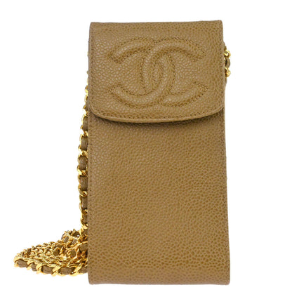 Chanel 1996-1997 Beige Caviar Skin Chain Shoulder Bag Pochette Phone Case