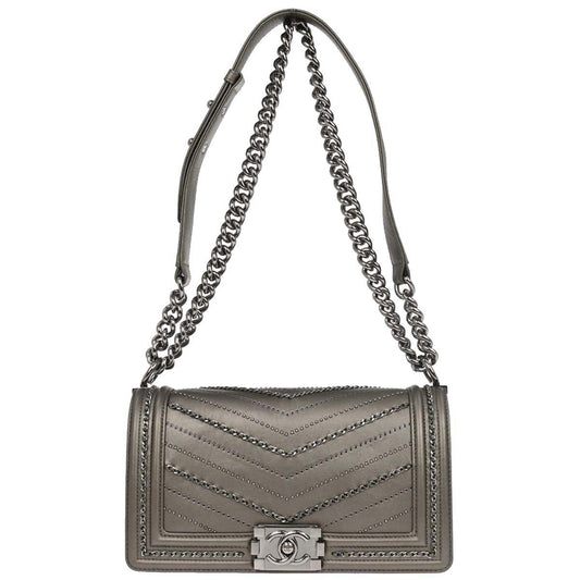 Boy Chanel Gray Calfskin Chevron Medium Chain Shoulder Bag