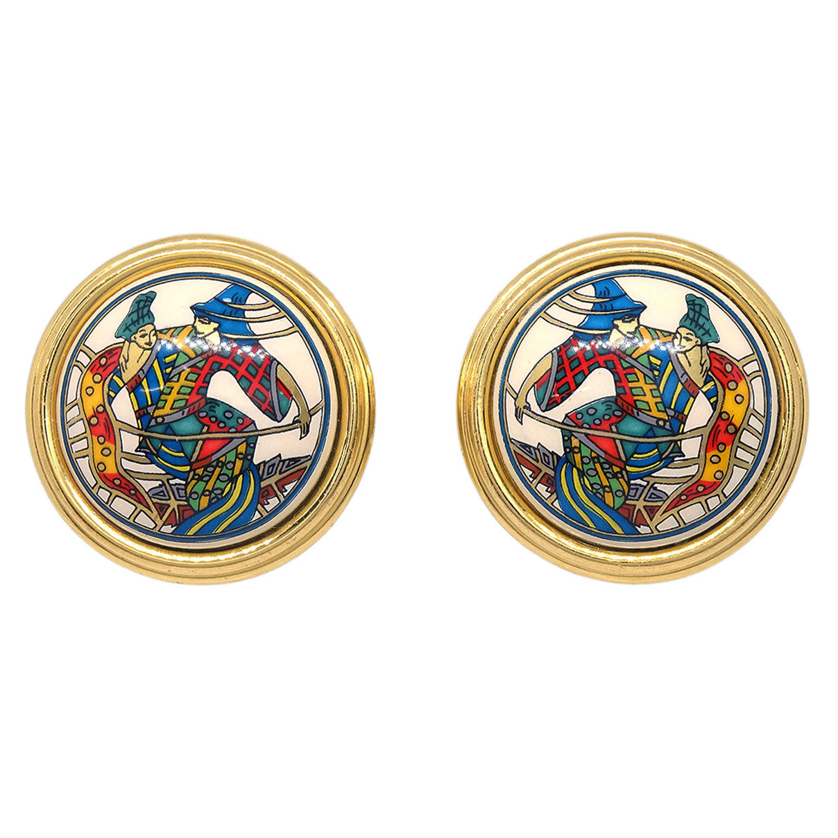 Hermes Gold Enamel Cloisonne Ware Clip-On Earrings
