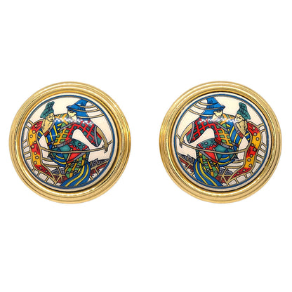 Hermes Gold Enamel Cloisonne Ware Clip-On Earrings