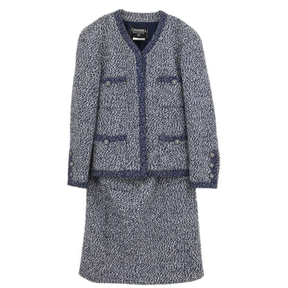 Chanel 1997 Setup Suit Jacket Skirt Tweed Navy #40 #42