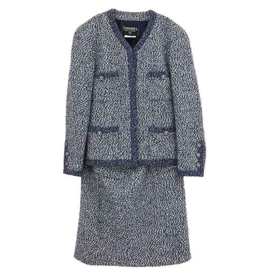 Chanel 1997 Setup Suit Jacket Skirt Tweed Navy #40 #42