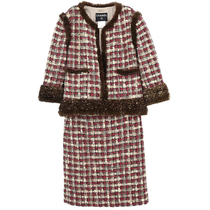 Chanel 2005 Setup Suit Jacket Skirt Tweed Brown #36