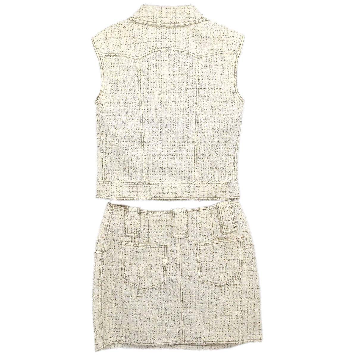 Chanel 2001 Setup Suit Jacket Skirt Tweed White #38