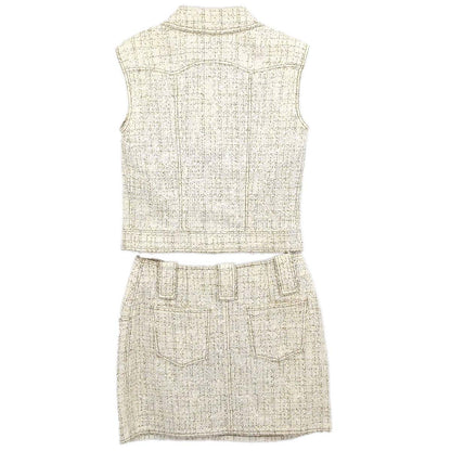 Chanel 2001 Setup Suit Jacket Skirt Tweed White #38