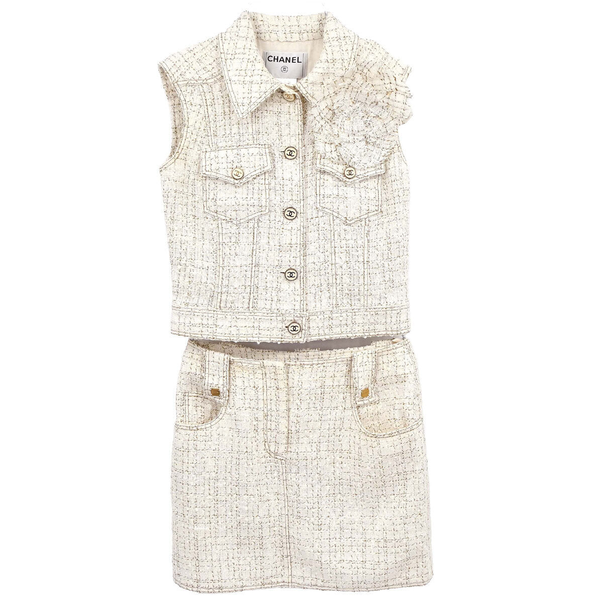 Chanel 2001 Setup Suit Jacket Skirt Tweed White #38