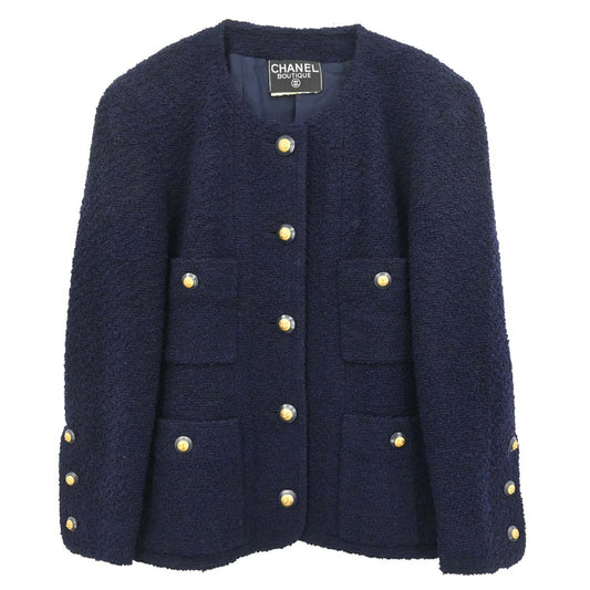 Chanel Single Breasted Collarless Jacket Navy