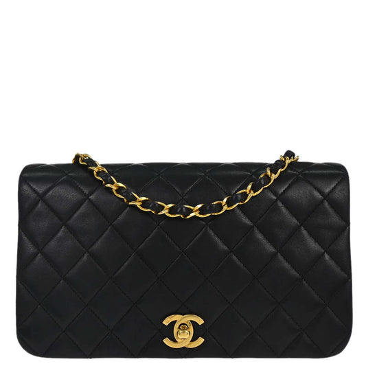 Chanel 1989-1991 Black Lambskin Turnlock Small Full Flap Shoulder Bag