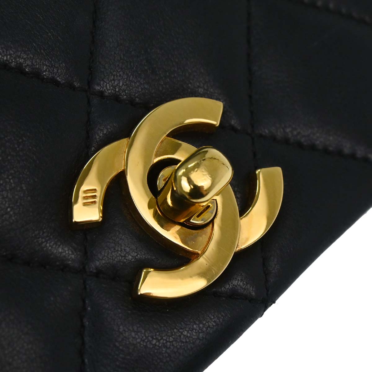 Chanel 1989-1991 Black Lambskin Turnlock Small Full Flap Shoulder Bag