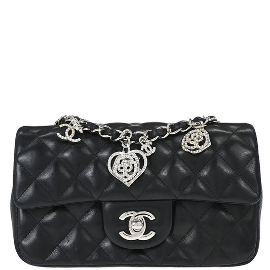 Chanel Black Lambskin Valentine Charm Flap Shoulder Bag