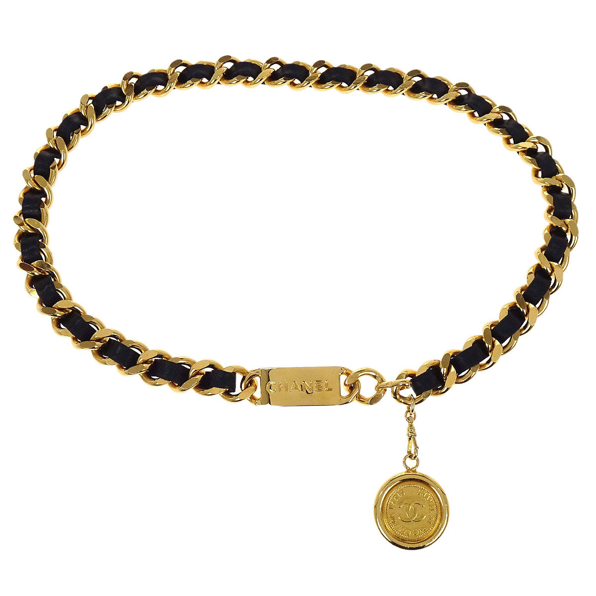 Chanel Chain Belt Medallion Gold Black Small Good