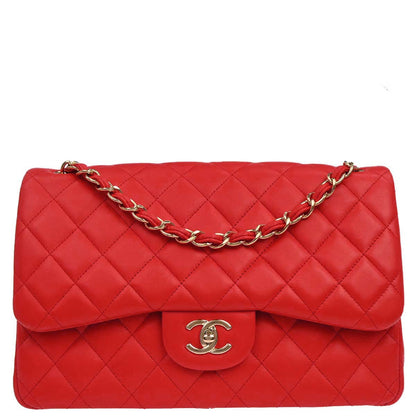 Chanel Red Lambskin Jumbo Classic Double Flap Shoulder Bag